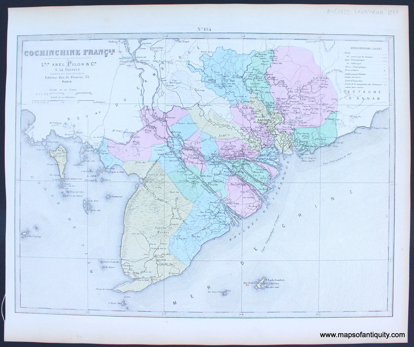 Antique-Hand-Colored-Map-Cochinchine-Francaise-(Vietnam)-1877-Levasseur-Vietnam-1800s-19th-century-Maps-of-Antiquity