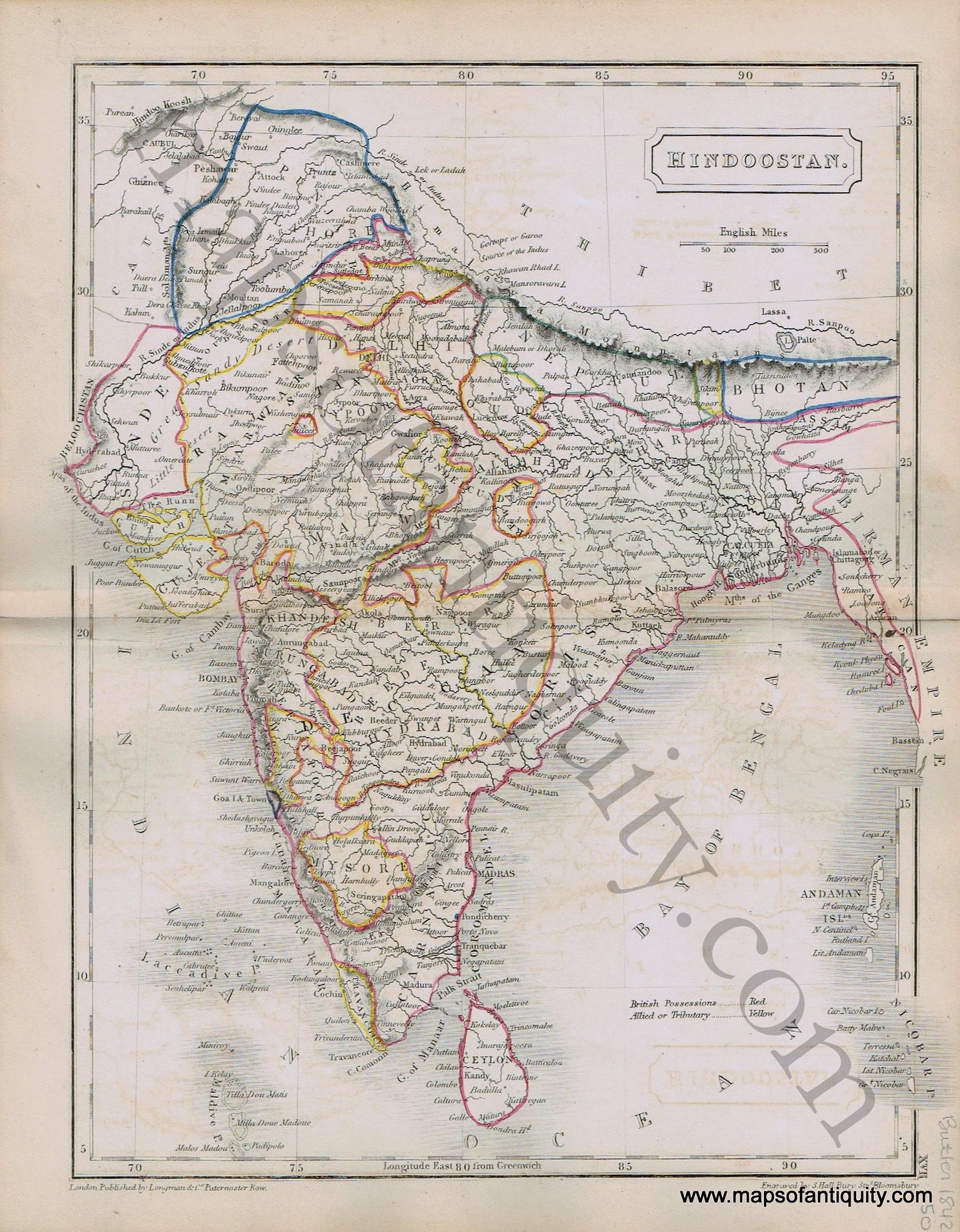 Antique-Hand-Colored-Map-Hindoostan.-1842-Butler-India-1800s-19th-century-Maps-of-Antiquity