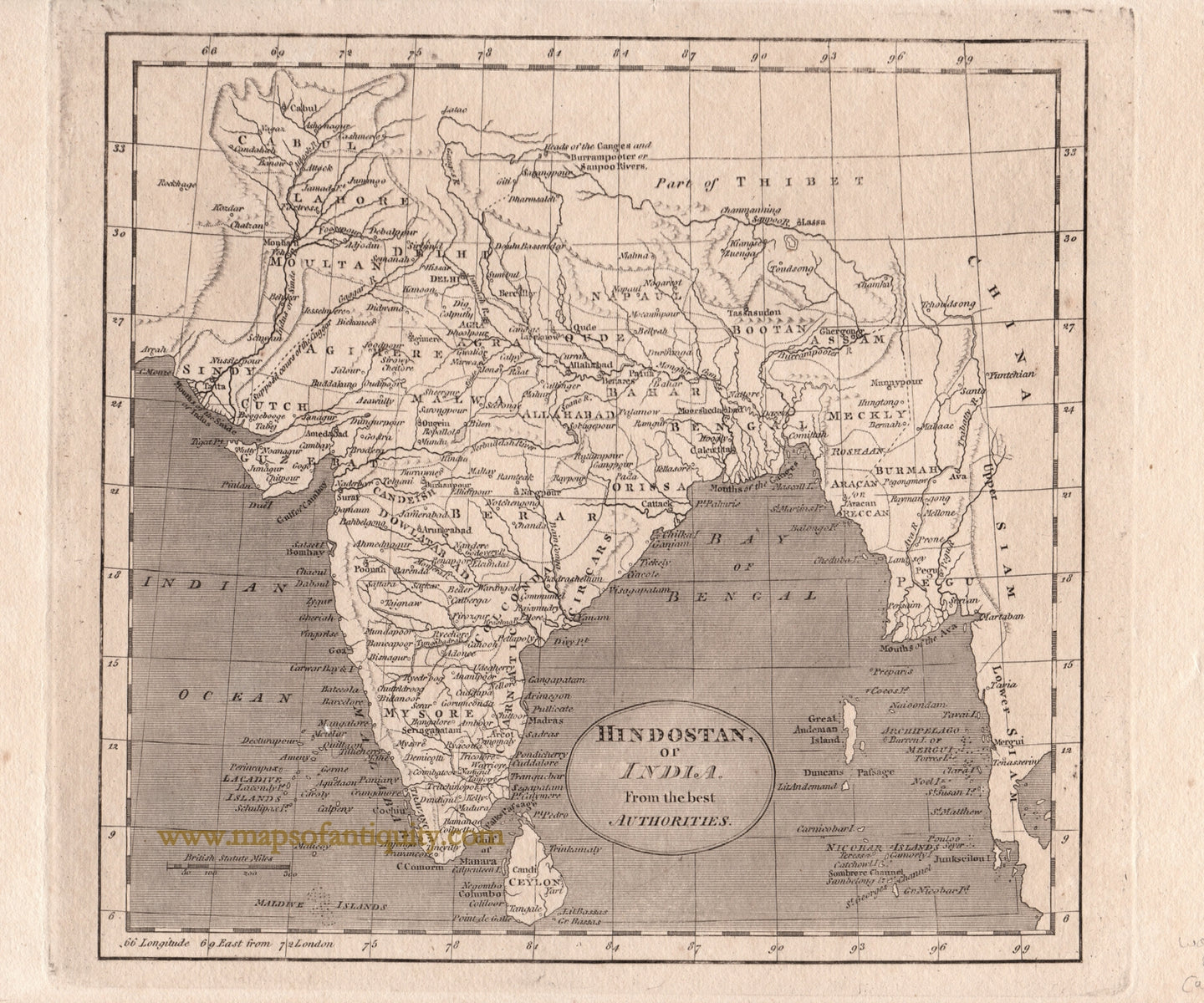 Black-and-White-Antique-Map-Hindostan-or-India-from-the-best-Authorities-Asia--1820-Warner-&-Cary-Maps-Of-Antiquity
