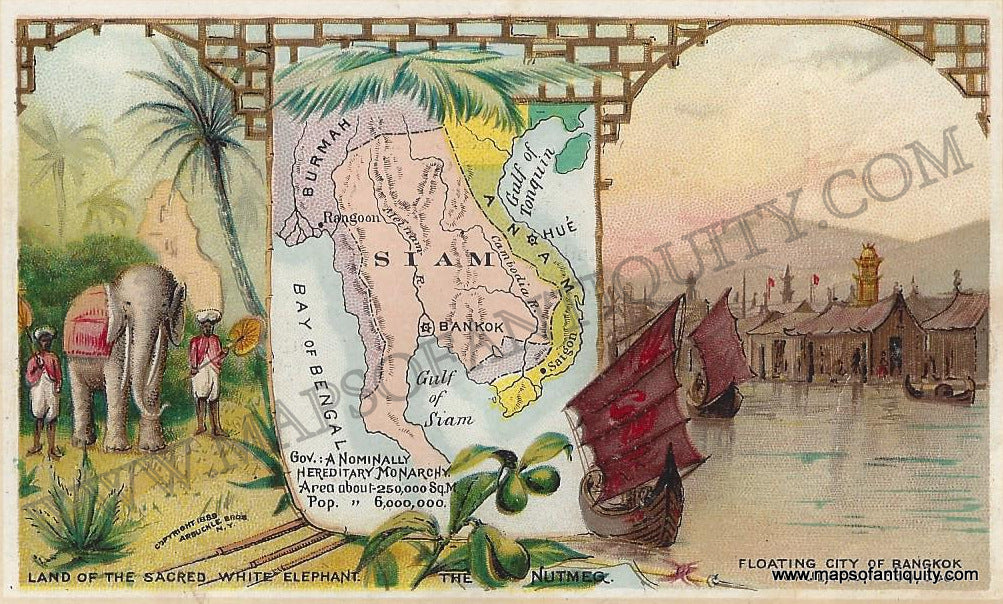 Antique-Chromolithograph-Map-Siam-Thailand-Laos-Cambodia-1890-Arbuckle-1800s-19th-century-Maps-of-Antiquity