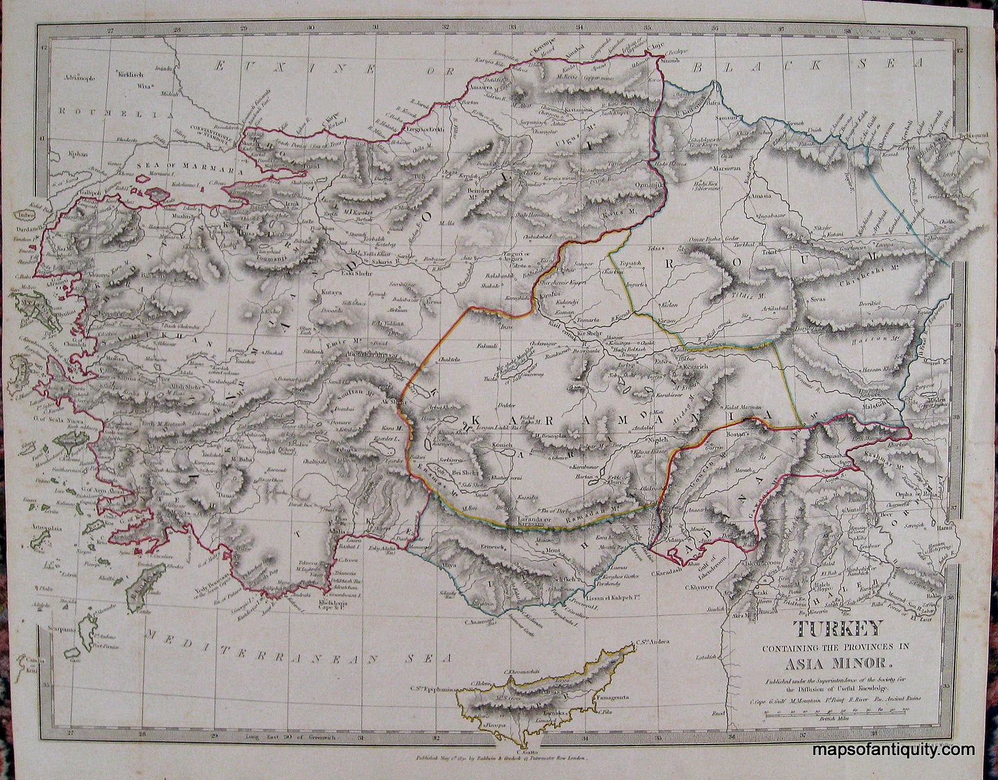 Black-and-White-Antique-Map-with-Outline-Color-Turkey-Containing-the-Provinces-in-Asia-Minor.-Turkey-in-Asia--1830-SDUK/Society-for-the-Diffusion-of-Useful-Knowledge-Maps-Of-Antiquity