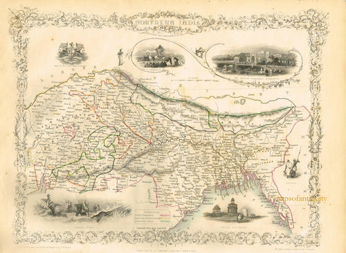 Antique-Hand-Colored-Map-Northern-India-******-Asia-Indian-Subcontinent-1851-Tallis-Maps-Of-Antiquity