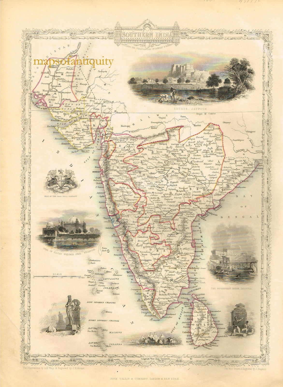 Antique-Hand-Colored-Map-Southern-India-******-Asia-Indian-Subcontinent-1851-Tallis-Maps-Of-Antiquity