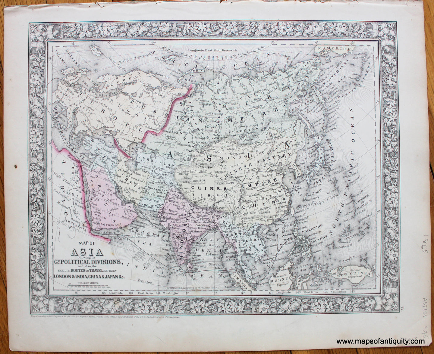 Antique-Hand-Colored-Map-Map-of-Asia-Showing-its-Gt.-Political-Divisions-and-also-the-Various-Routes-of-Travel-Between-London-and-India-China-and-Japan-etc.-Asia-Asia-1865-Mitchell-Maps-Of-Antiquity
