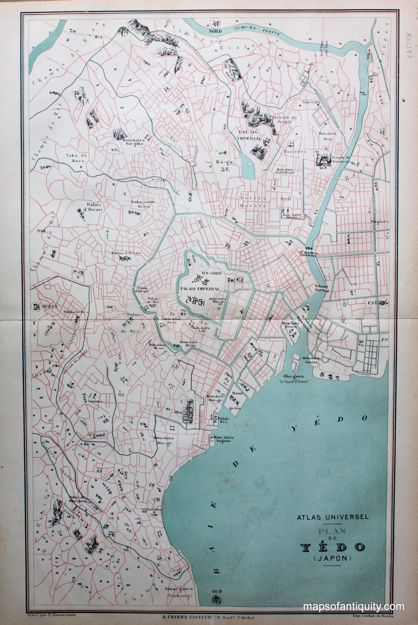 Antique-Map-Plan-de-Yedo-Tokyo-Japan-1877-Fayard-1870s-1800s