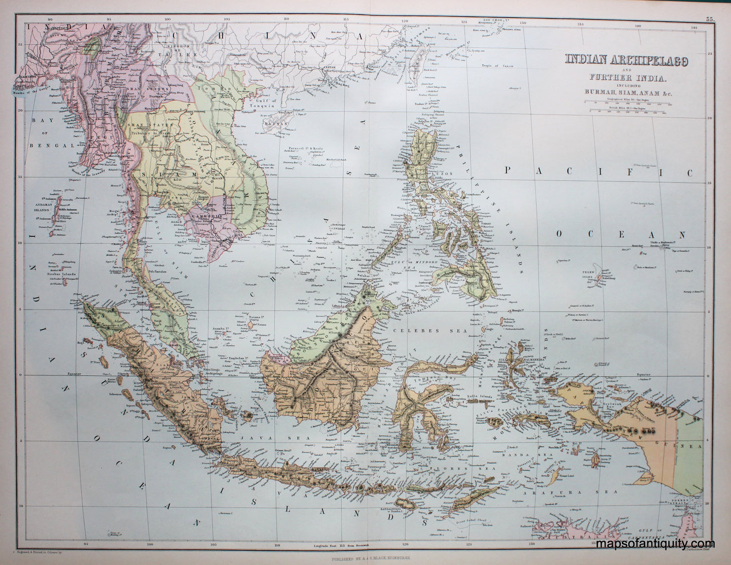 Antique-Map-Printed-Color-Indian-Archipelago-and-Further-India-including-Burmah-Siam-Anam-etc.-****-Asia-Southeast-Asia-and-Indonesia-1879-Black-Maps-Of-Antiquity