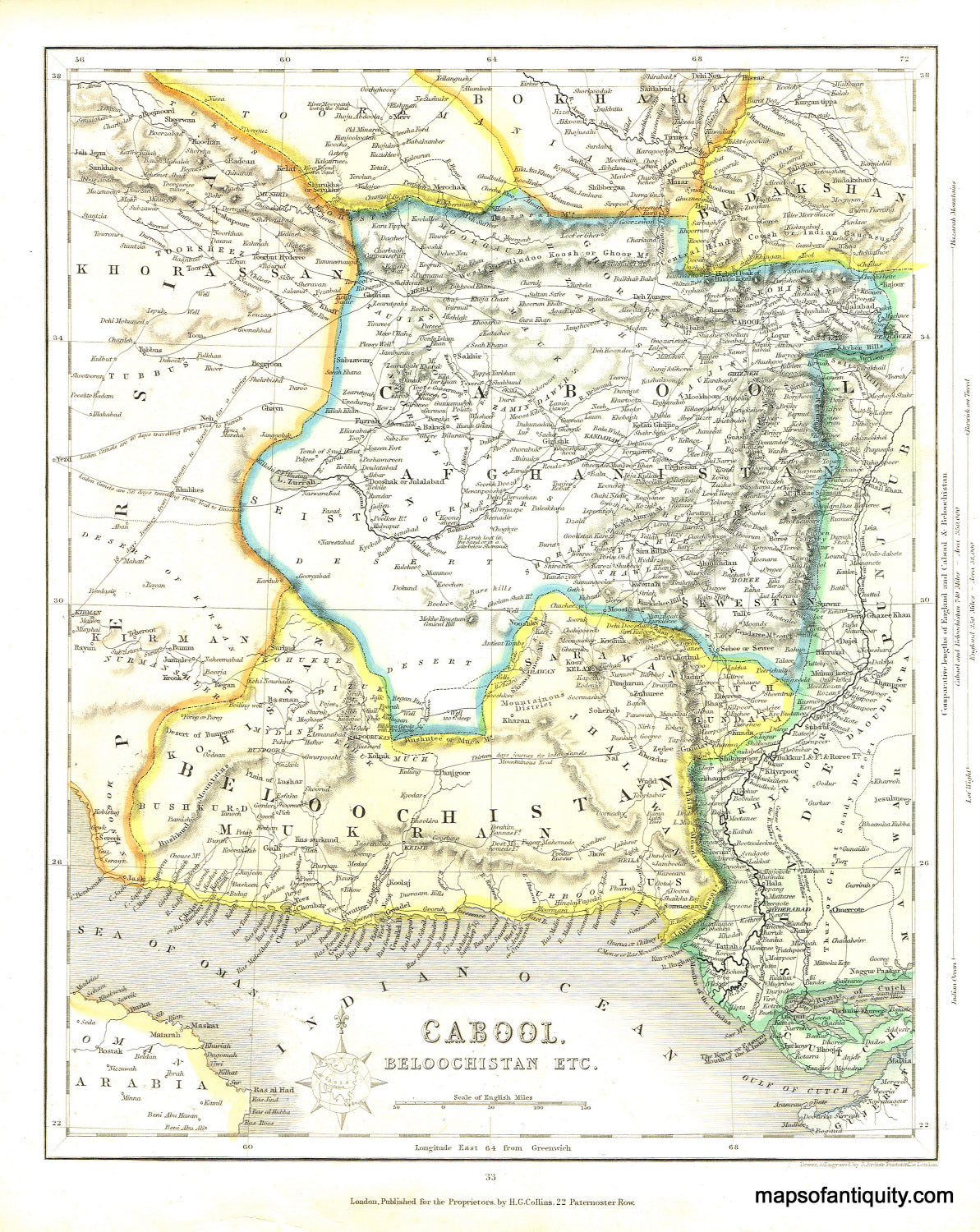 Antique-Hand-Colored-Map-Cabool-(Afghanistan)-Beloochistan-Etc.-**********-Asia--c.-1840-Collins-Maps-Of-Antiquity