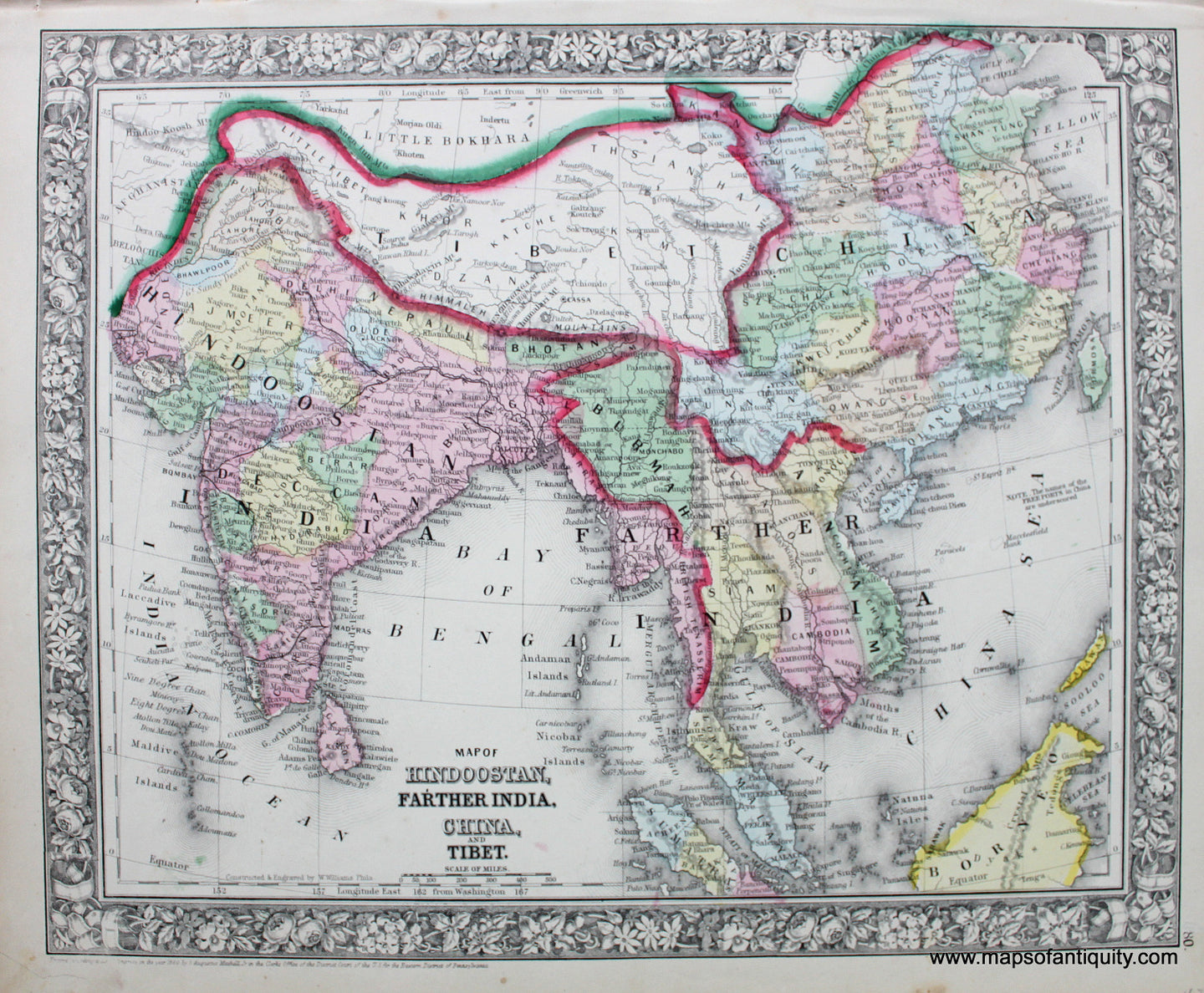 Antique-Hand-Colored-Map-Map-of-Hindoostan-Farther-India-China-and-Tibet.--Asia-India-1864-Mitchell-Maps-Of-Antiquity