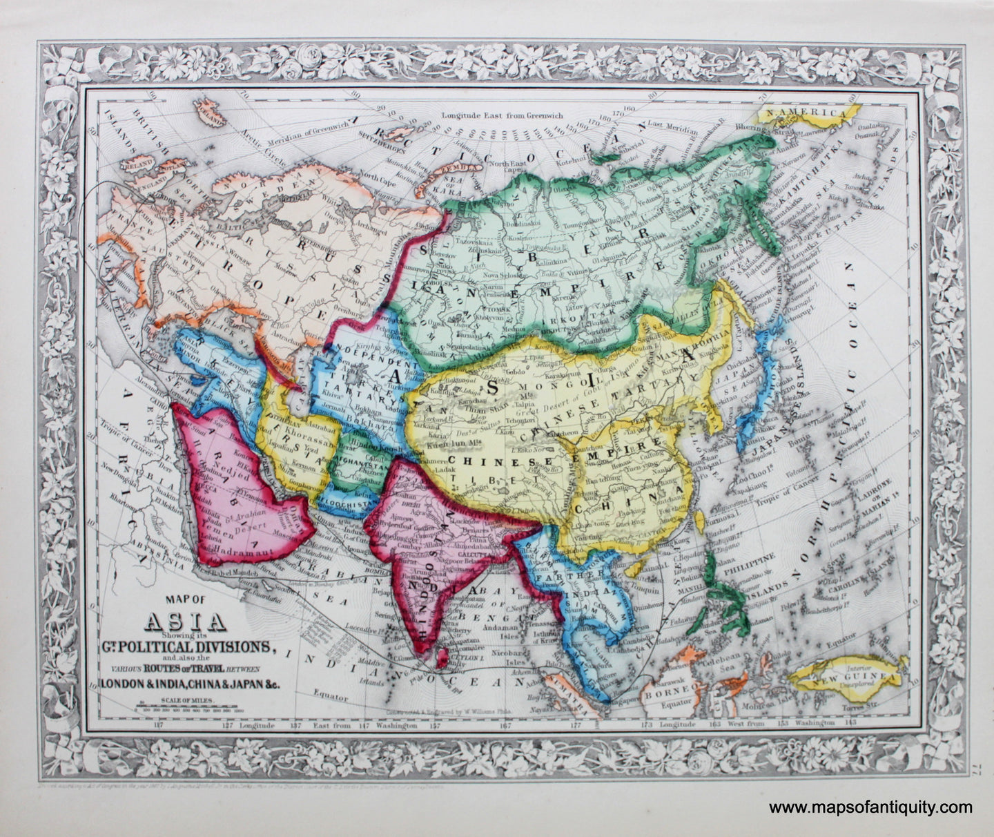 Antique-Hand-Colored-Map-Map-of-Asia-Showing-its-Gt.-Political-Divisions-and-also-the-Various-Routes-of-Travel-Between-London-and-India-China-and-Japan-etc.-Asia-Asia-1860-Mitchell-Maps-Of-Antiquity