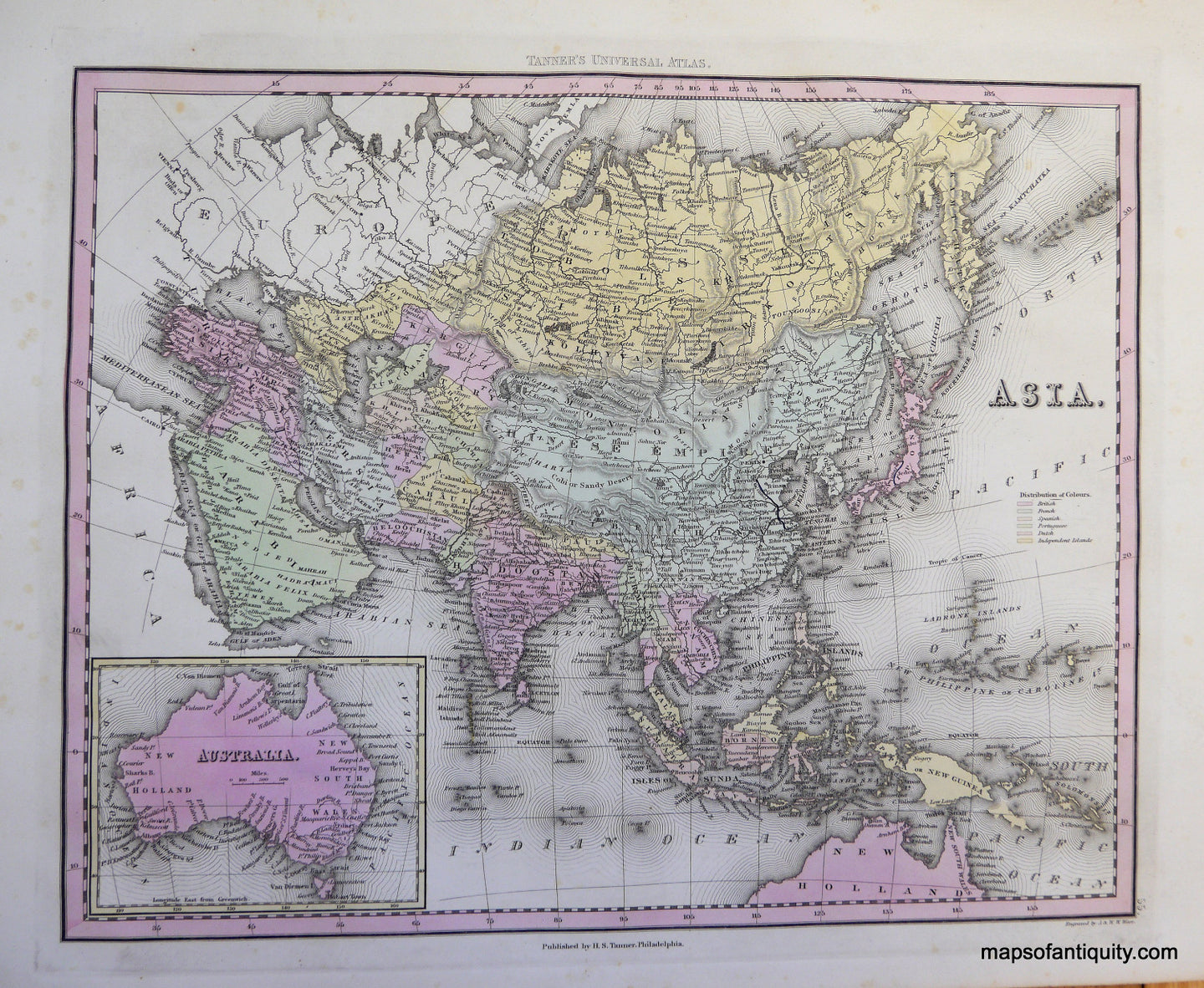 Antique-Hand-Colored-Engraved-Map-Asia.-Asia--c.-1840-Tanner-Maps-Of-Antiquity