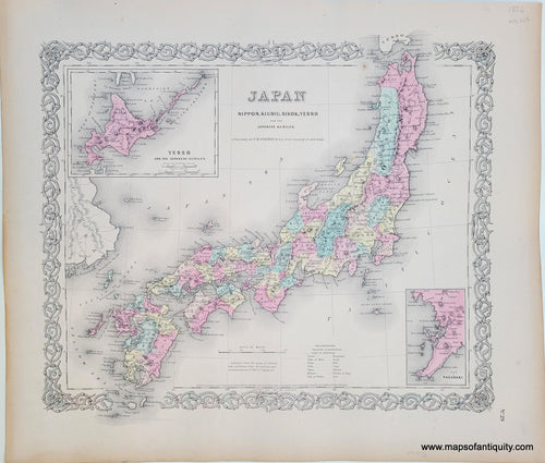 Antique-Hand-Colored-Map-Colton's-Japan-Nippon-Kiusiu-Sikok-Yesso--Asia-Japan-1856-Colton-Maps-Of-Antiquity