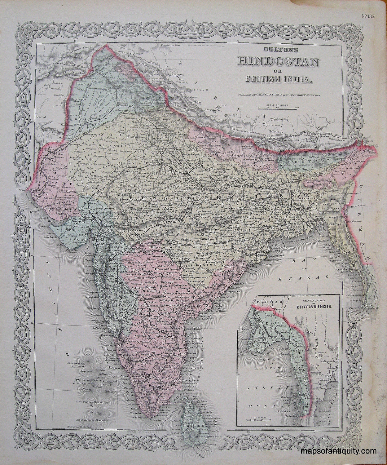 Antique-Hand-Colored-Map-Colton's-Hindostan-or-British-India.-**********-Asia-India-1887-Colton-Maps-Of-Antiquity