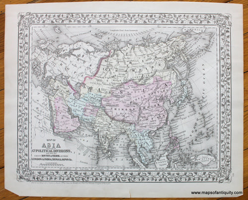 Antique-Hand-Colored-Map-Map-of-Asia-Showing-its-Gt.-Political-Divisions-verso-Map-of-Persia-Arabia-Turkey-in-Asia-Afghanistan-Beloochistan.-Asia-Middle-Easte-1879-Mitchell-Maps-Of-Antiquity