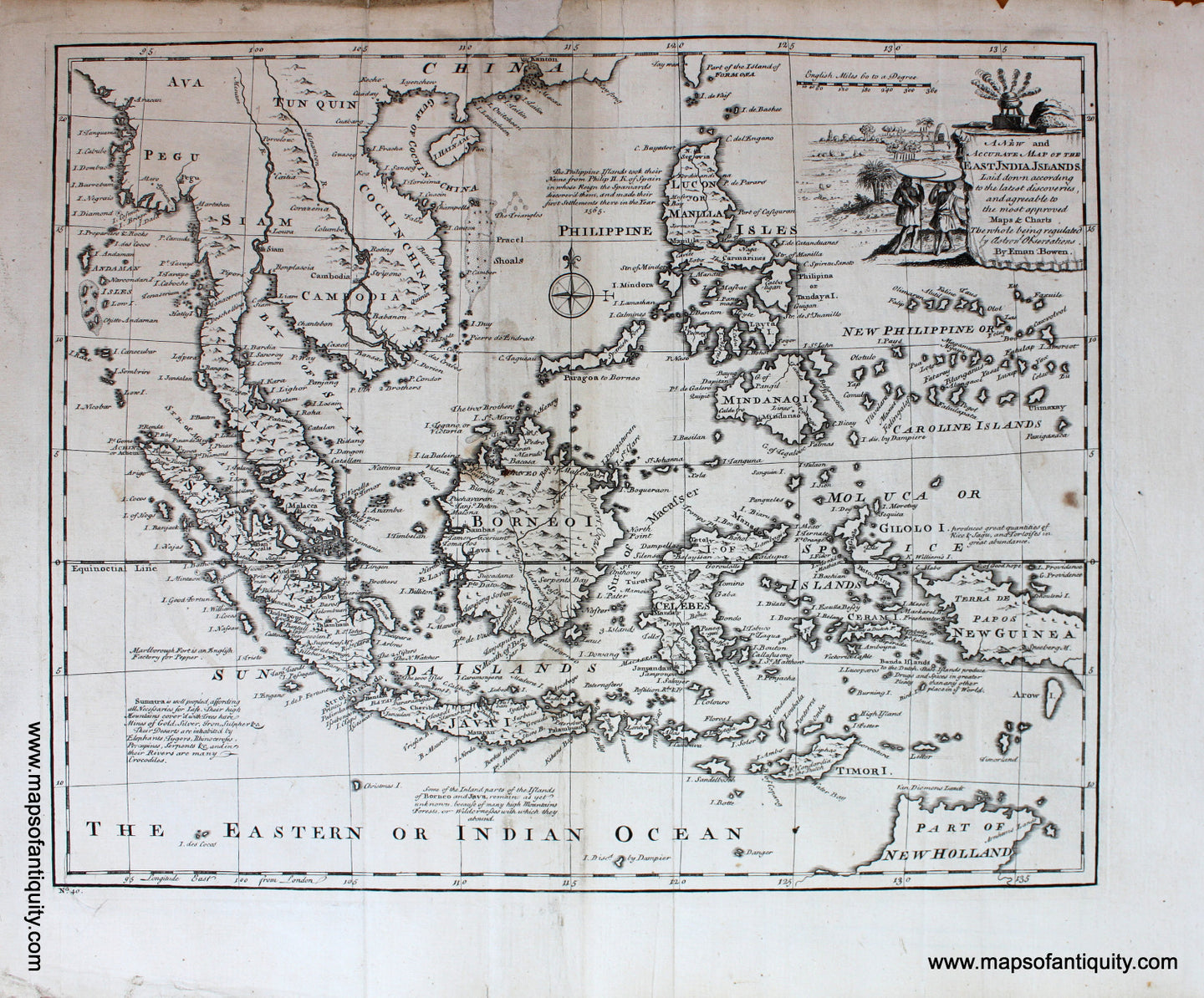 Antique-Black-and-White-Map-A-New-and-Accurate-Map-of-the-East-India-Islands-laid-down-according-to-the-latest-discoveries-and-agreeable-to-the-most-approved-Maps-&-Charts-The-whole-being-regulated-by-Astronomical-Observations-**********-Asia-Southeast-Asia-and-Indonesia-c.-1747-Bowen-Maps-Of-Antiquity