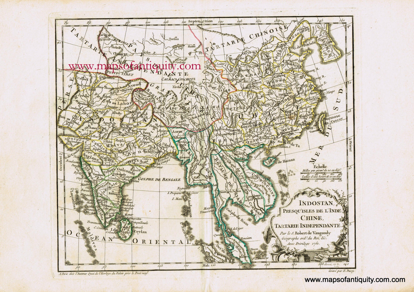 Antique-Hand-Colored-Map-Indostan-Presqu'isles-de-l'Inde-Chine-Tartarie-Independante-Asia--1761-Vaugondy-Maps-Of-Antiquity