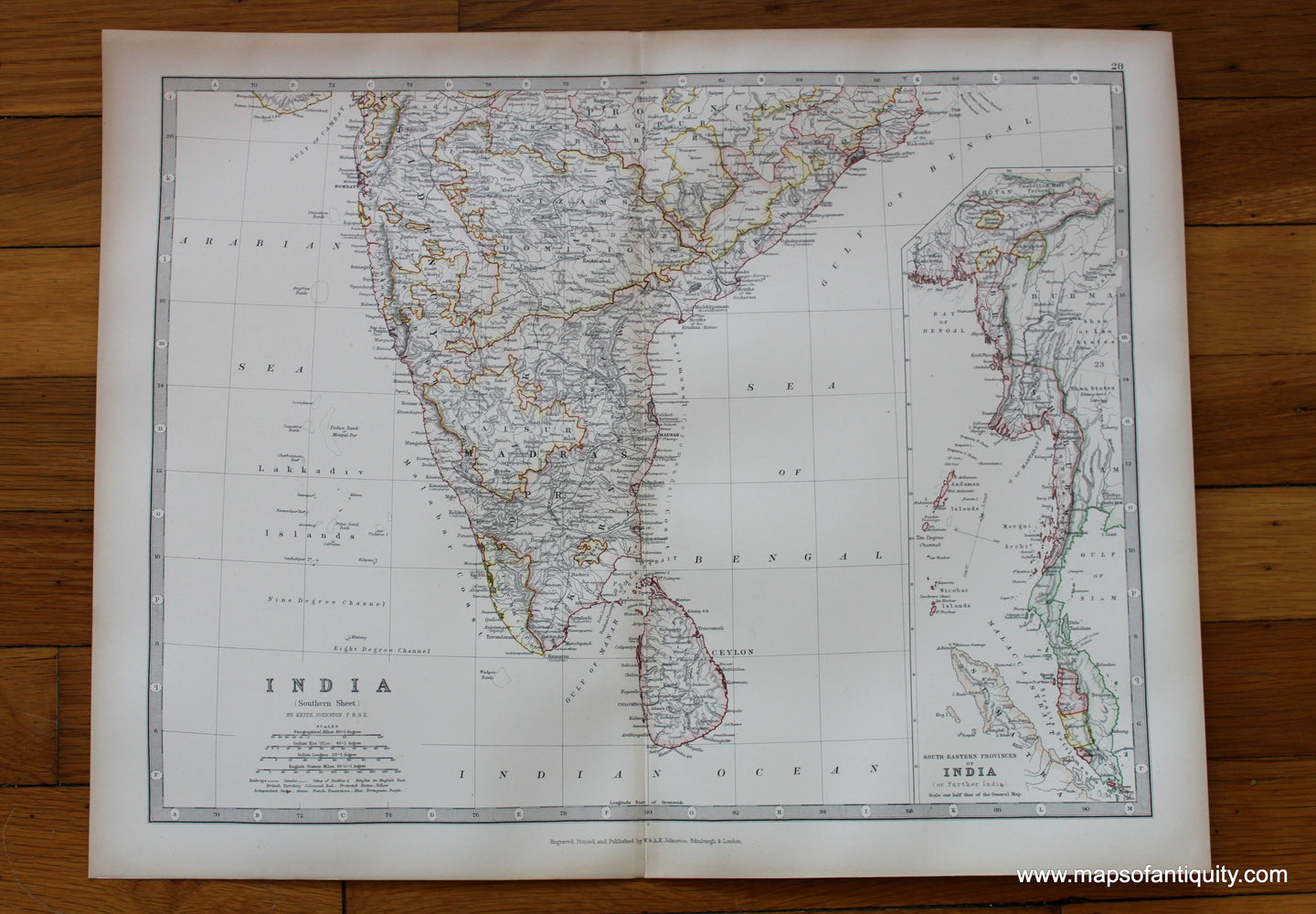 Antique-Printed-Color-Map-India-(Southern-Sheet)-Asia-India-1881-Johnston-Maps-Of-Antiquity