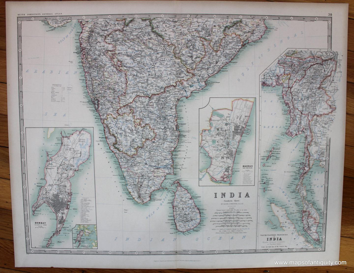 Antique-Printed-Color-Map-India-(Southern-Sheet)-Asia-Indian-Subcontinent-1904-Johnston-Maps-Of-Antiquity
