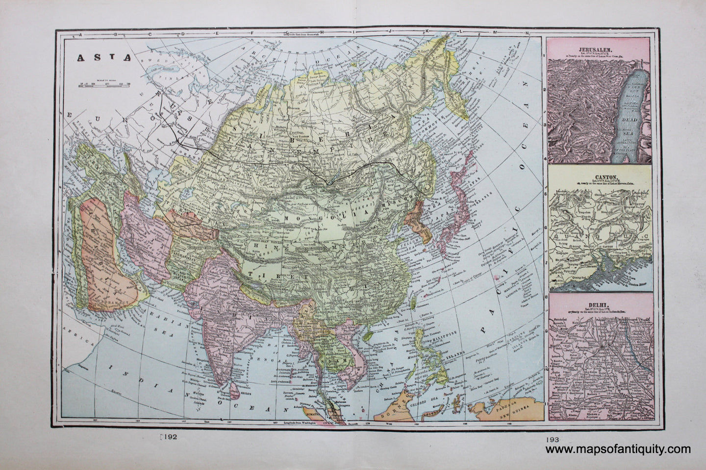 Antique-Printed-Color-Map-Asia-verso:-Cyprus-and-Principal-Cities-of-The-Old-World-Comparing-Their-Latitude-with-Points-on-The-American-Continent-Asia--1900-Cram-Maps-Of-Antiquity