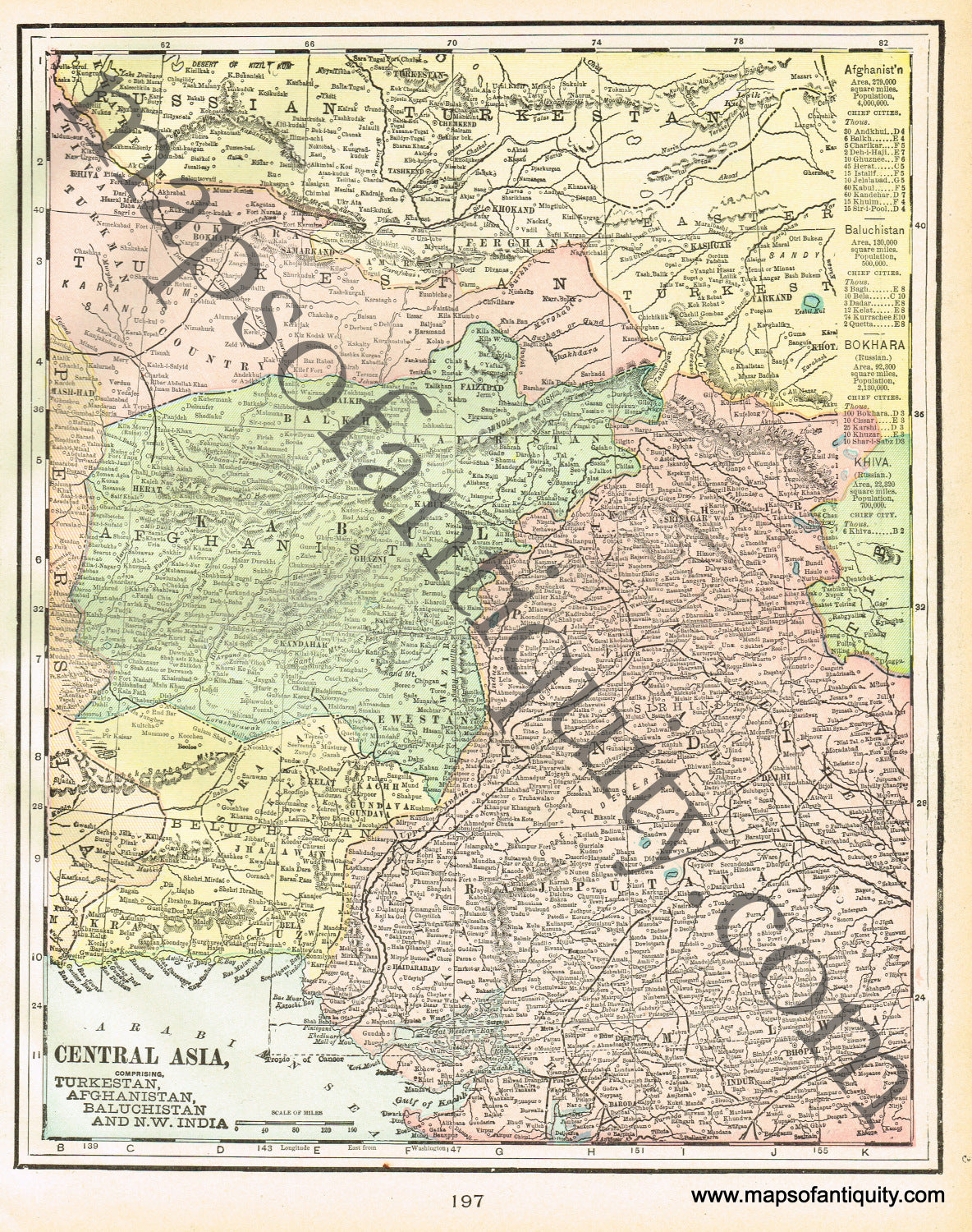 Antique-Printed-Color-Map-Central-Asia-comprising-Turkestan-Afghanistan-Baluchistan-and-N.W.-India-verso:-Persia-Asia--1900-Cram-Maps-Of-Antiquity