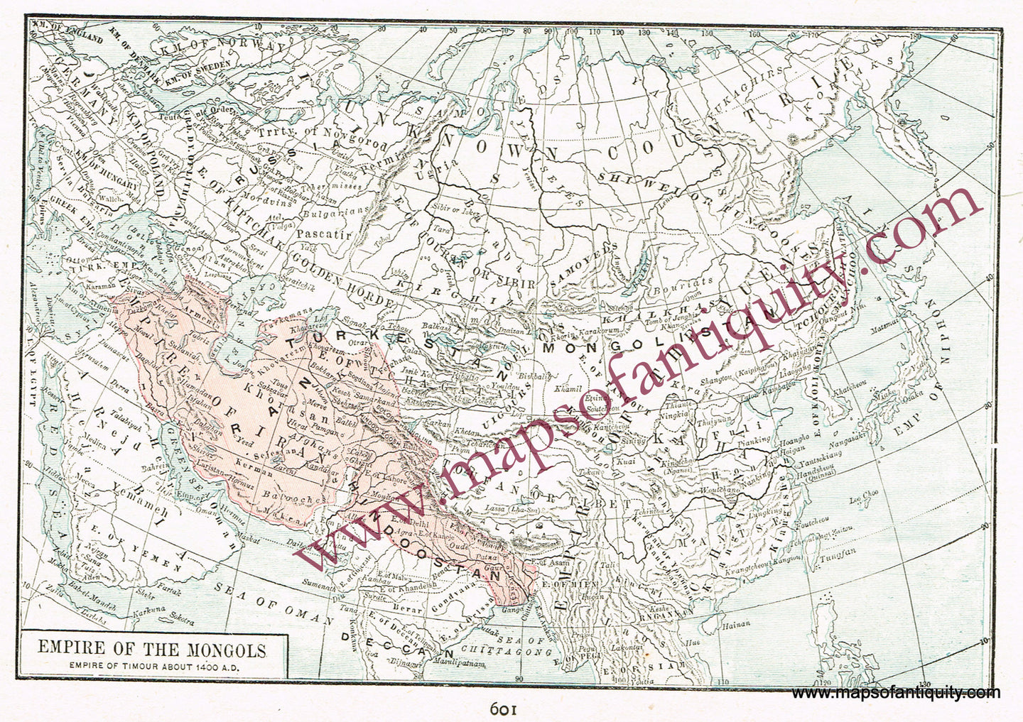 Antique-Printed-Color-Map-Empire-of-the-Mongols--Asia-Asia-General-1894-Cram-Maps-Of-Antiquity