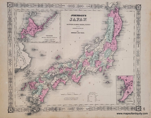 Antique map of Japan by Johnson and Ward, published in 1864, colored by region, with inset maps of yesso or Hokkaido and Nagasaki