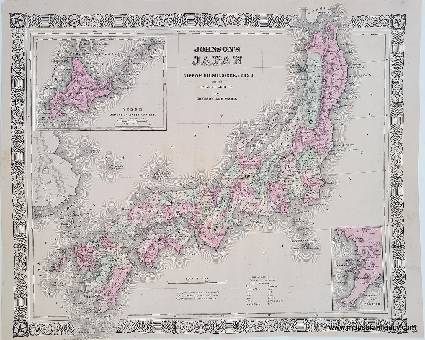 Antique map of Japan by Johnson and Ward, published in 1864, colored by region, with inset maps of yesso or Hokkaido and Nagasaki