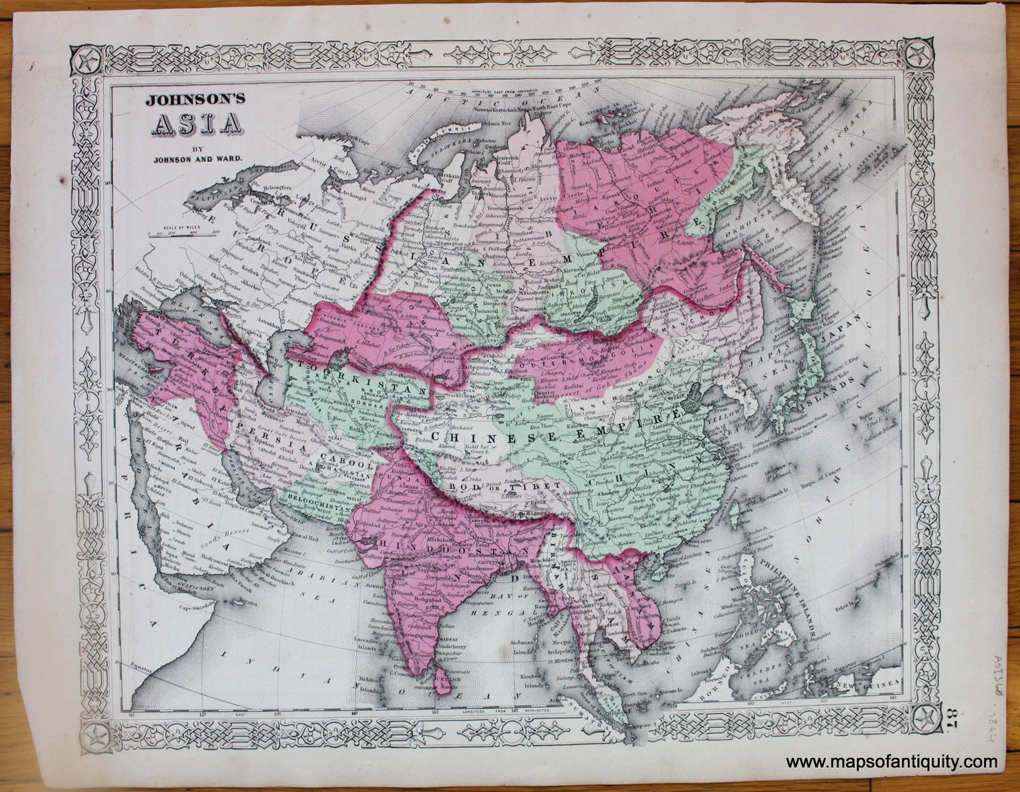 Antique-Hand-Colored-Map-Johnson's-Asia--Asia-Asia-General-1864-Johnson-and-Ward-Maps-Of-Antiquity