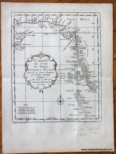 Antique-Map-French-Carte-des-Costes-de-Perse-Gusarat-et-Malabar-Tiree-de-la-Carte-Francoise-de-l'Ocean-Oriental-Persian-Gulf-Western-Coast-India-Asia-Middle-East-Bellin-1740-1740s-Early-Mid-18th-Century-Maps-of-Antiquity