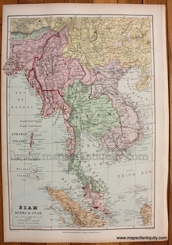 Printed-Color-Antique-Map-Siam-Burma-&-Anam-1904-Stanford-1800s-19th-century-Maps-of-Antiquity