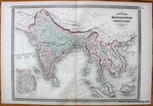 Antique-Hand-Colored-Map-Johnson's-Hindoostan-and-Farther-India-1880-Alvin-J.-Johnson-&-Son-Asia-General-1800s-19th-century-Maps-of-Antiquity