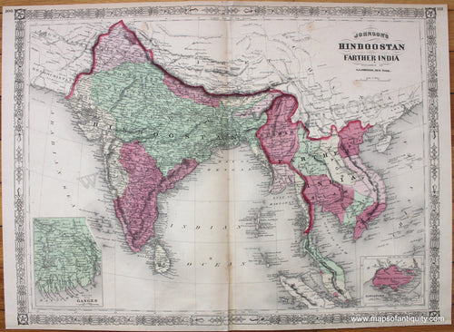 Antique-Hand-Colored-Map-Johnson's-Hindoostan-and-Farther-India-1867-Alvin-J.-Johnson-&-Son-Asia-General-1800s-19th-century-Maps-of-Antiquity