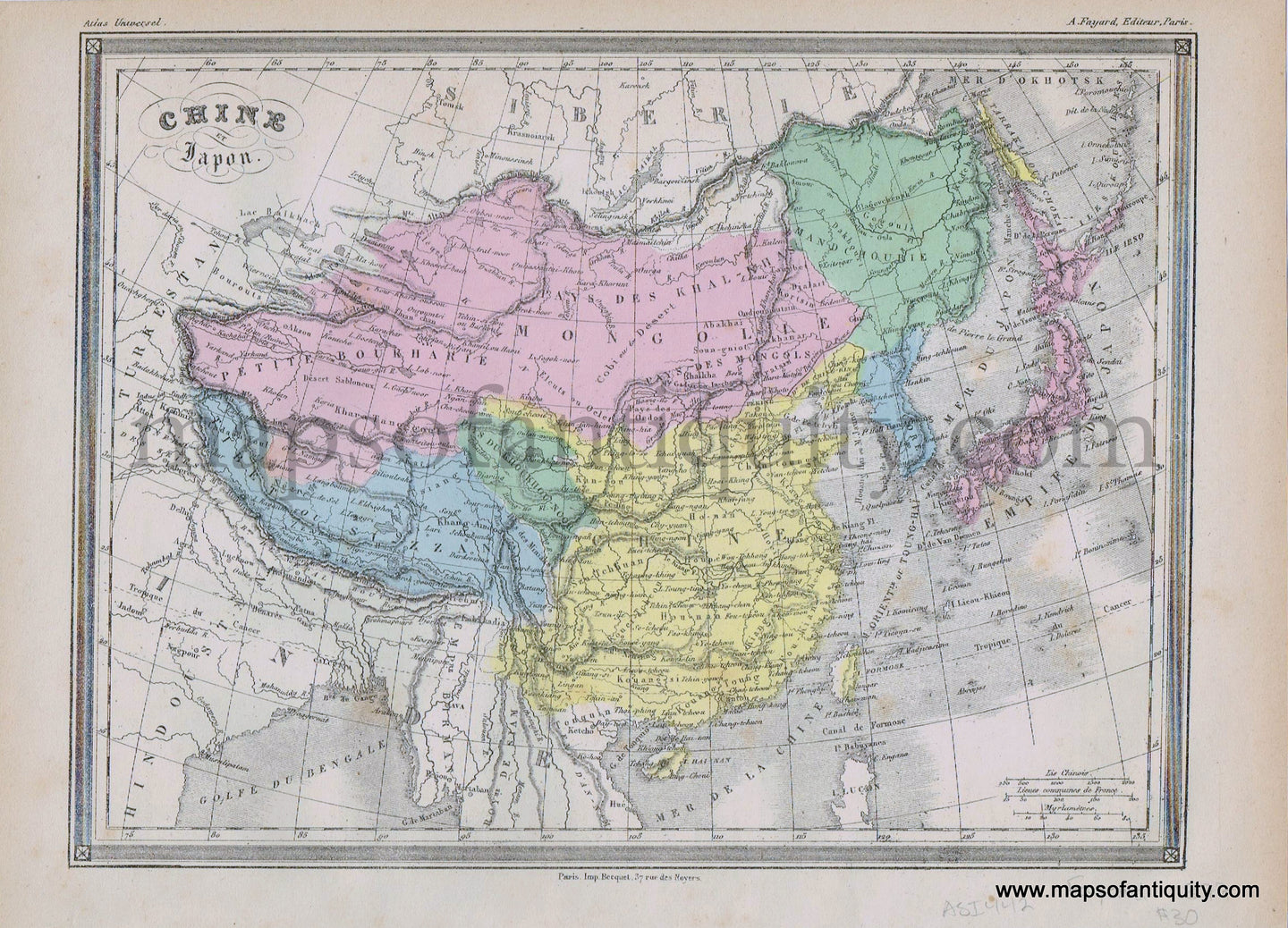 Antique-Printed-Color-Map-Asia-Chine-et-Japon---China-and-Japan-1877-Fayard-China-1800s-19th-century-Maps-of-Antiquity