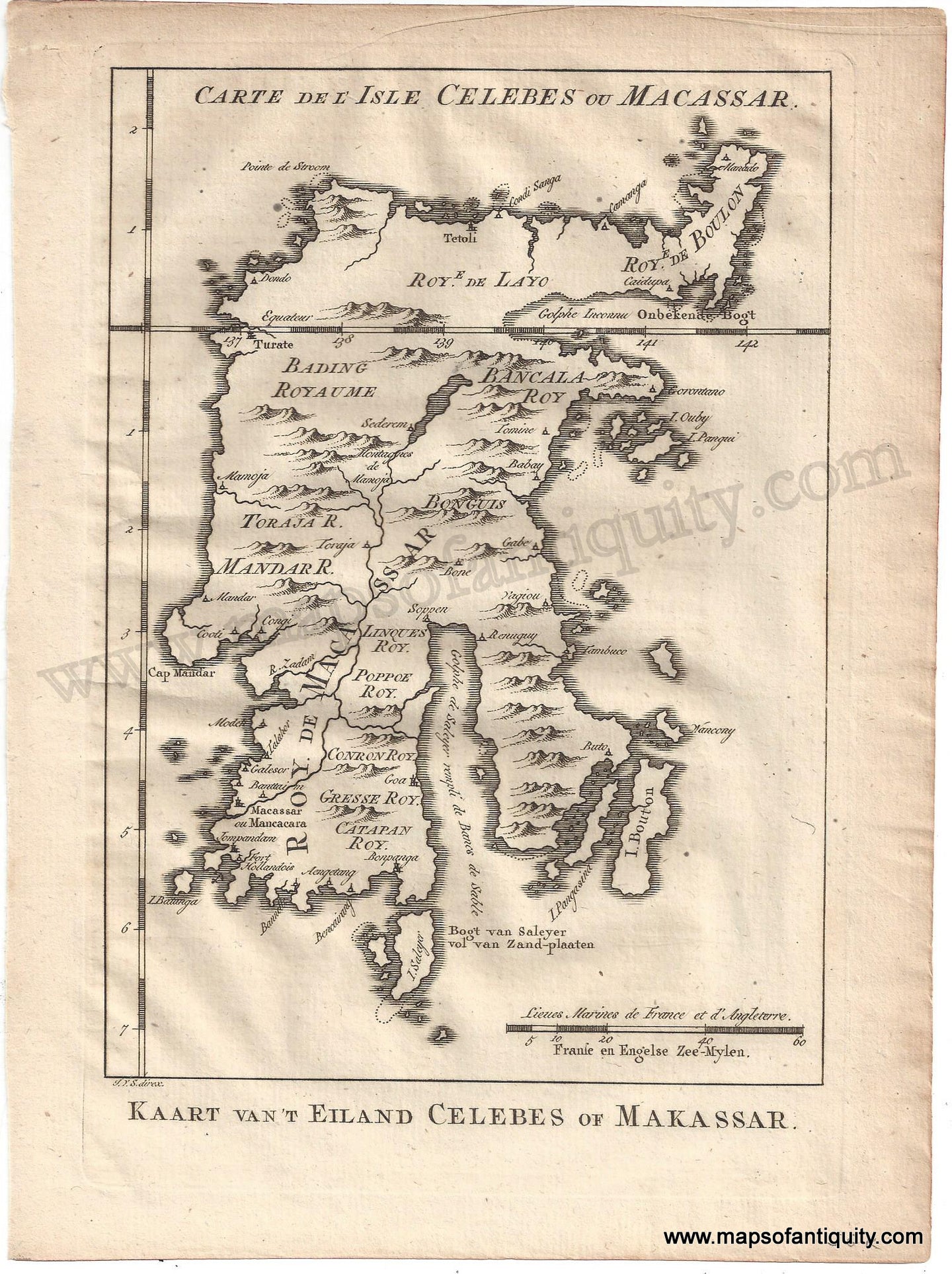 Antique-Map-Chart-Indonesia-Celebes-Sulawesi-Carte-l'Isle-Celebes-Macassar-Kaart-Eiland-Celebes-Makassar-Bellin-1757-1700s