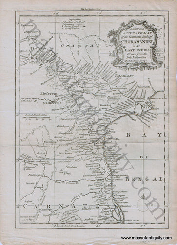 Antique-Map-Asia-A-New-and-Accurate-Map-of-the-North-Coast-of-Choramandel-in-the-East-Indies;-Drawn-from-the-Best-Authorities.-1760-Kitchin/London-Magazine-Indian-Subcontinent-1700s-18th-century-Maps-of-Antiquity