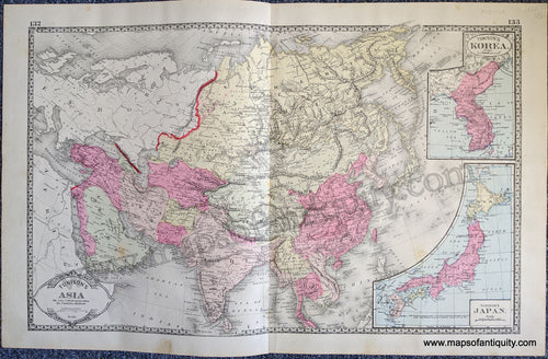 Antique-Print-Double-sided-sheet-with-multiple-maps:-Centerfold---Tunison's-Asia-with-Japan-and-Korea;-versos:-Tunison's-Turkey-in-Asia-Persia-Arabia-Russian-Turkestan-Afghanistan-and-Beloochistan-/-Tunison's-China-Asia--1888-Tunison-Maps-Of-Antiquity-1800s-19th-century