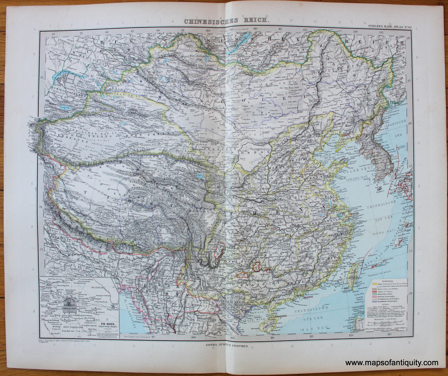 Antique-Printed-Color-Map-Chinesisches-Reich-Asia-China-c.-1889-Stieler-Maps-Of-Antiquity-1800s-19th-century