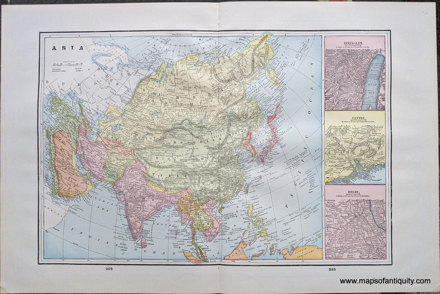 Genuine-Antique-Printed-Color-Comparative-Chart-Asia;-versos:-Principal-Cities-of-the-Old-World-Central-Asia-Asia--1892-Home-Library-&-Supply-Association-Maps-Of-Antiquity-1800s-19th-century