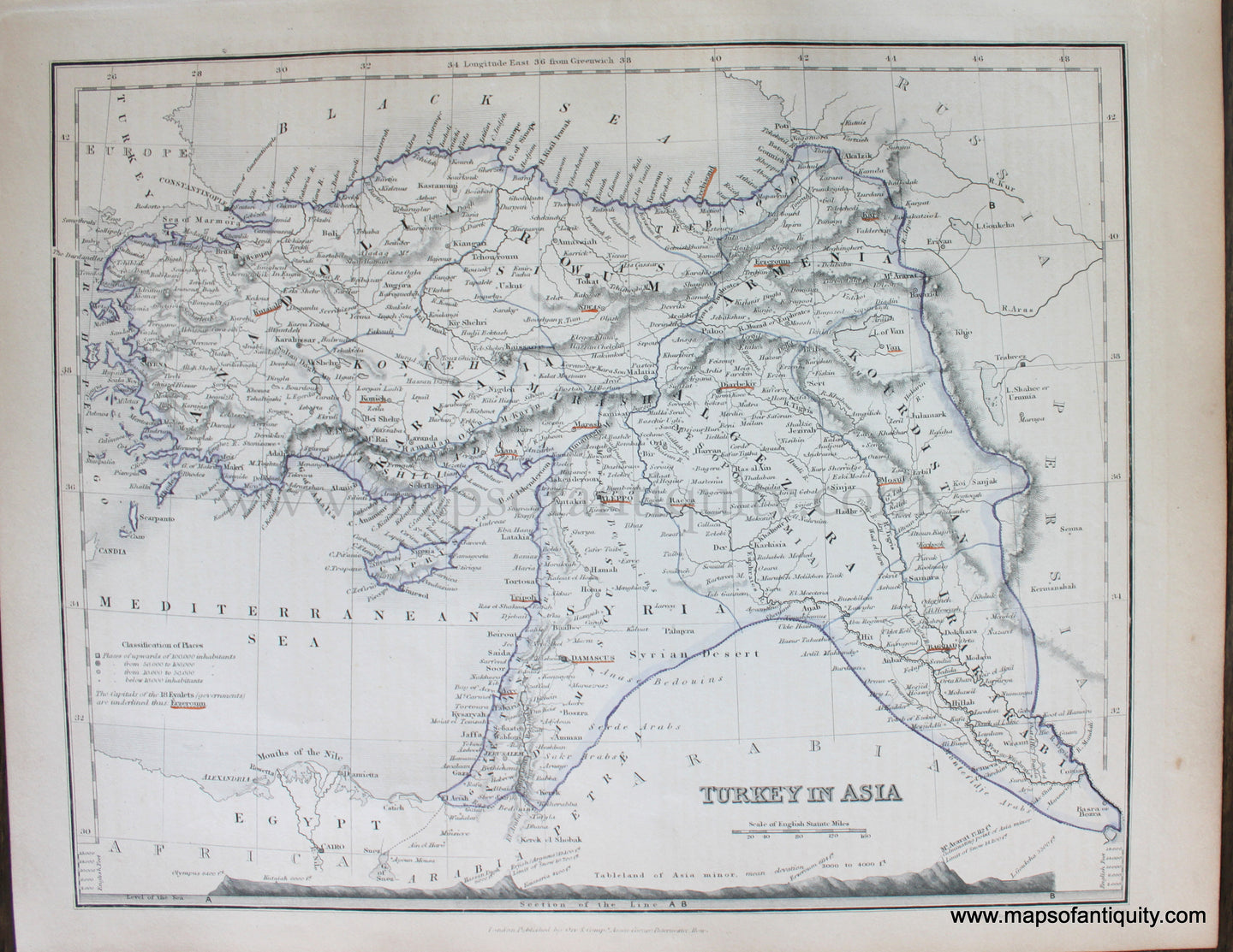 Genuine-Antique-Map-Turkey-in-Asia-Asia--1850-Petermann-/-Orr-/-Dower-Maps-Of-Antiquity-1800s-19th-century