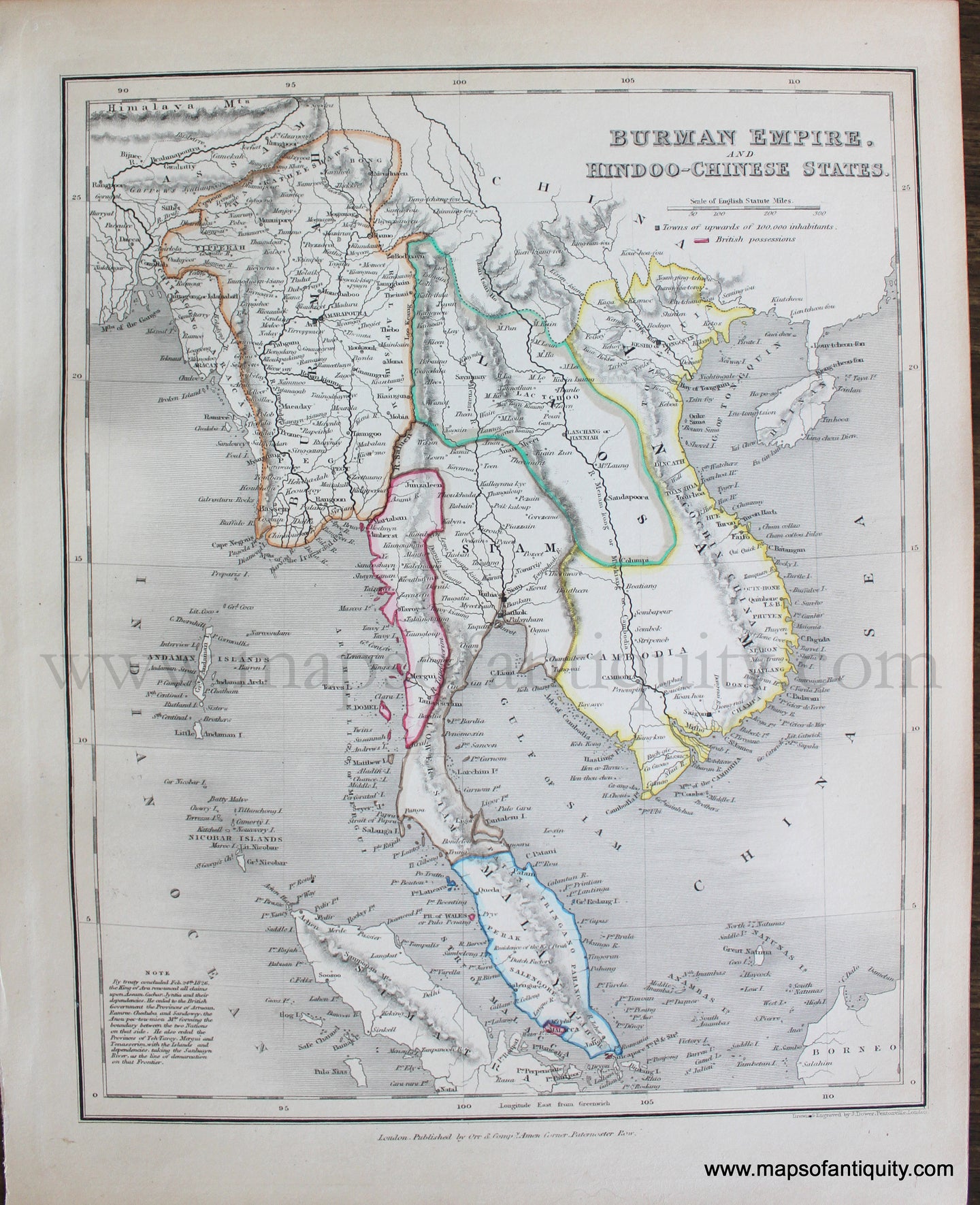 Genuine-Antique-Map-Burman-Empire-and-Hindoo-Chinese-States-Asia--1850-Petermann-/-Orr-/-Dower-Maps-Of-Antiquity-1800s-19th-century