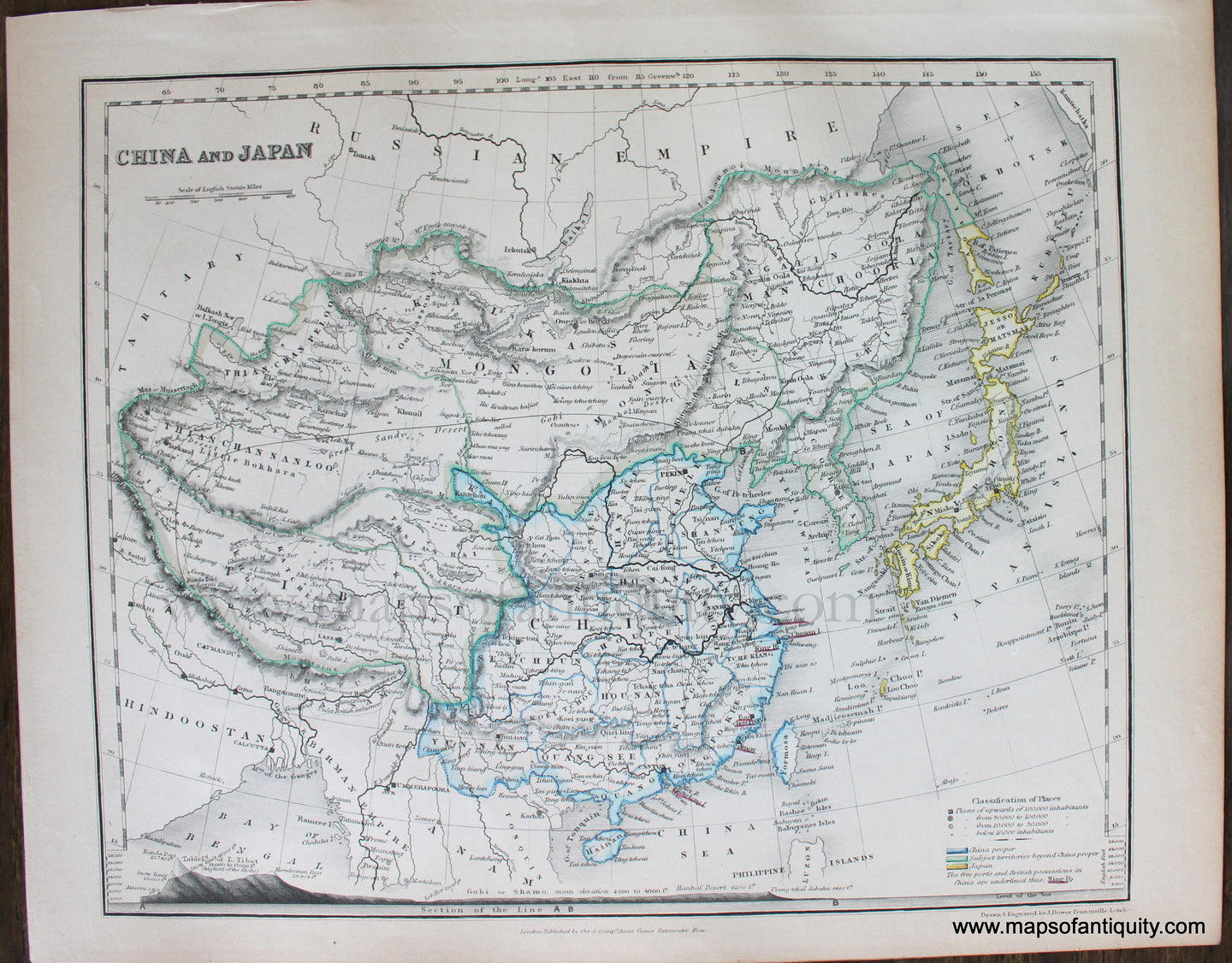Genuine-Antique-Map-China-and-Japan-Asia--1850-Petermann-/-Orr-/-Dower-Maps-Of-Antiquity-1800s-19th-century
