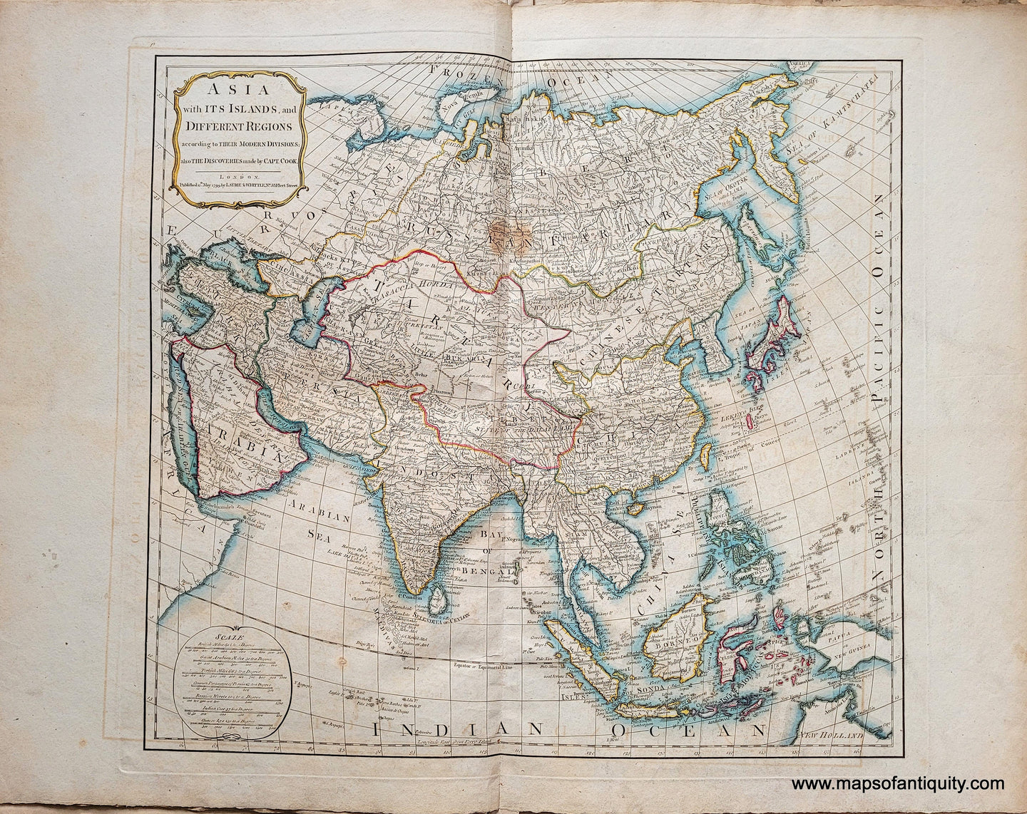 Genuine-Antique-Map-Asia-with-its-Islands-and-Different-Regions-according-to-their-Modern-Divisions-also-the-Discoveries-made-by-Capt-Cook-1799-Laurie-and-Whittle-Maps-Of-Antiquity