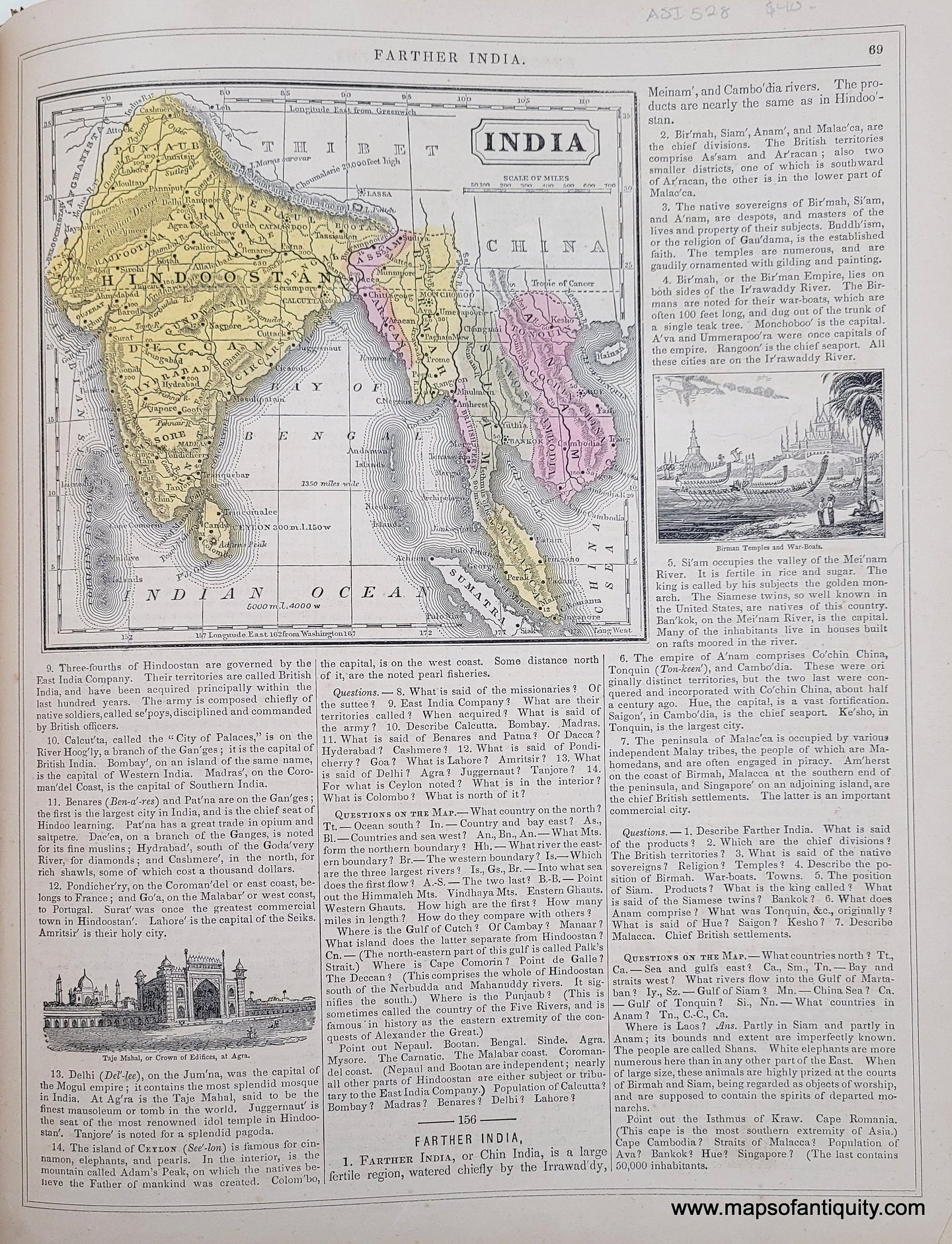 Genuine-Antique-Hand-Colored-Map-India-1850-Mitchell-Thomas-Cowperthwait-Co--Maps-Of-Antiquity