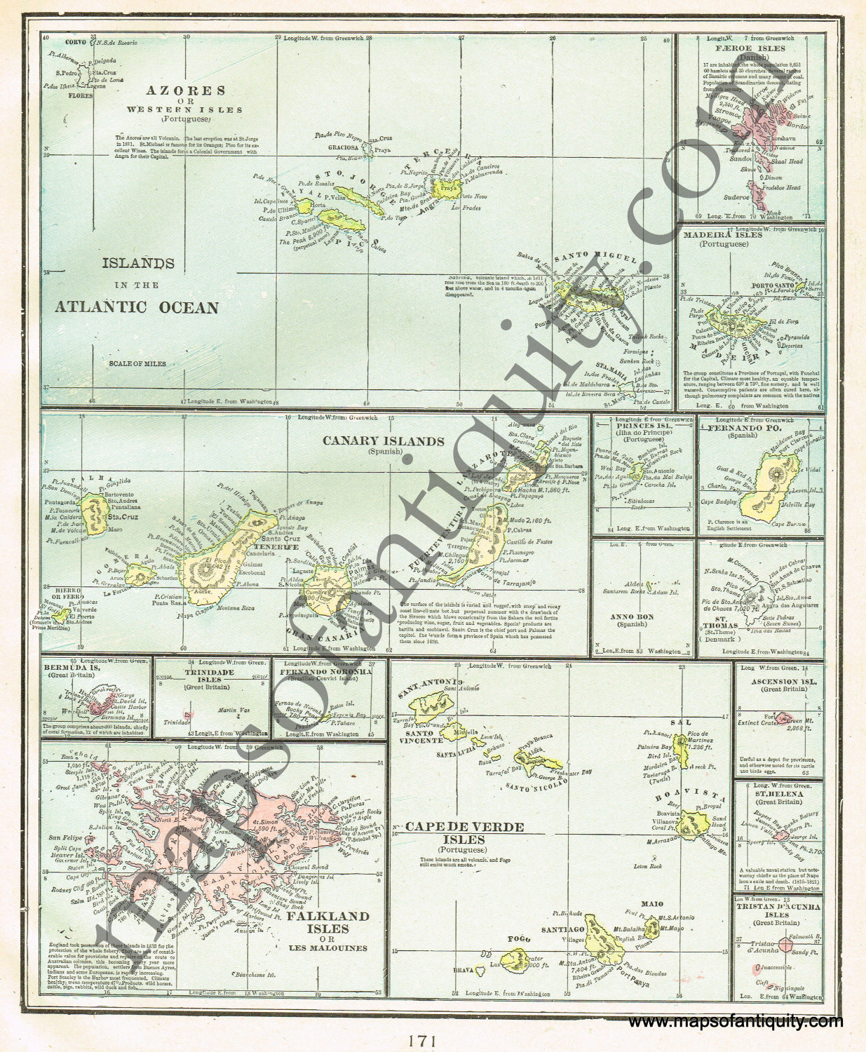 Antique-Printed-Color-Map-Islands-in-The-Atlantic-Ocean-verso:-Bermuda-Islands-World--1900-Cram-Maps-Of-Antiquity