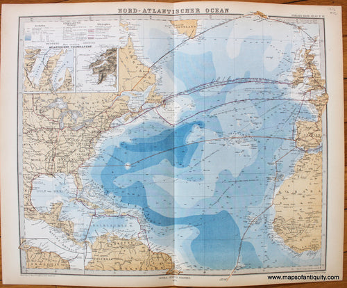 Antique-Map-Nord-Atlantischer-Ocean-Atlantic-Telegraph-Stieler-1876-1870s-1800s-19th-century-Maps-of-Antiquity