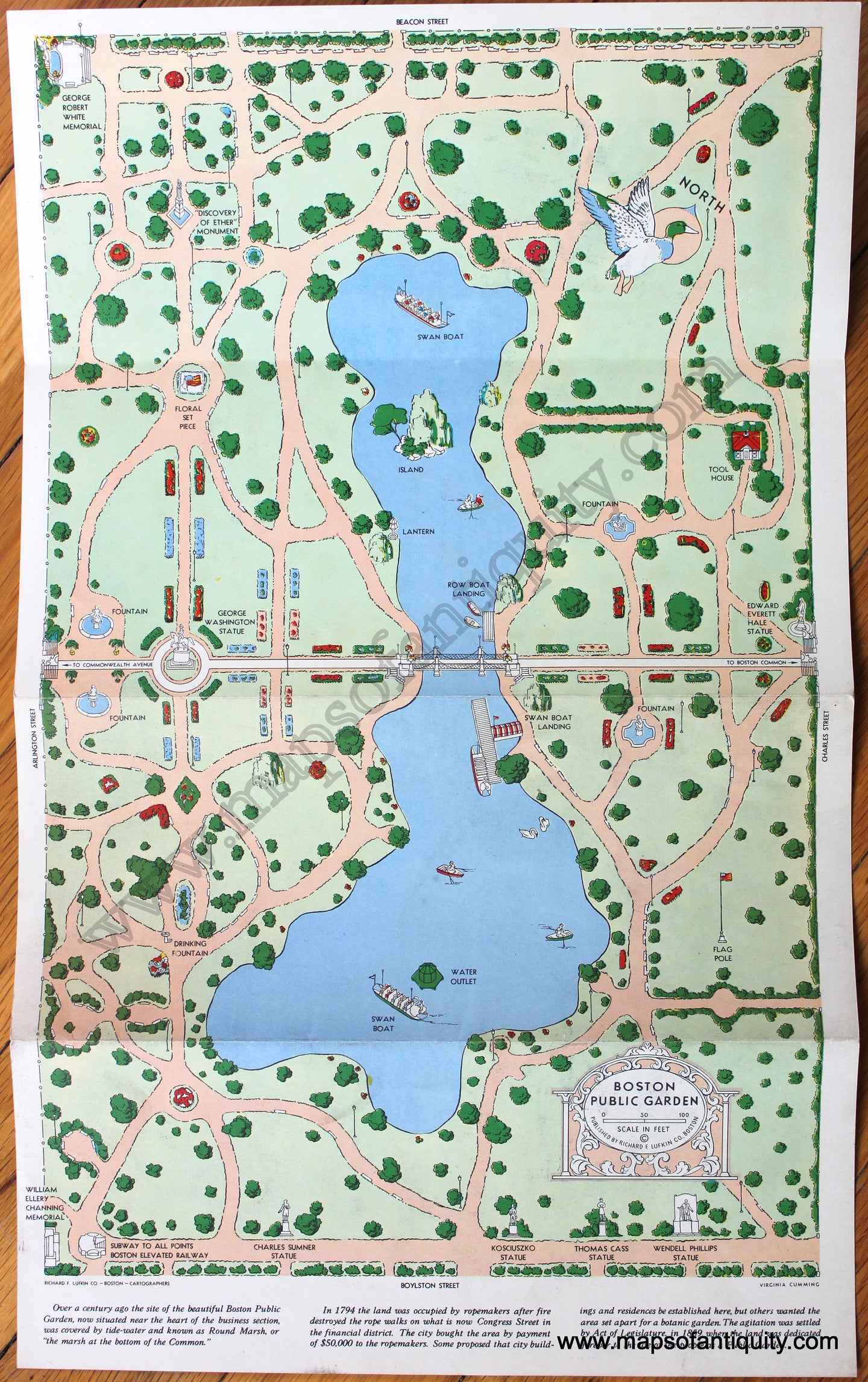 Antique-Printed-Color-Pictorial-Folding-Map-Boston-Public-Garden-1940-Richard-F.-Lufkin-Co.-Boston-1800s-19th-century-Maps-of-Antiquity