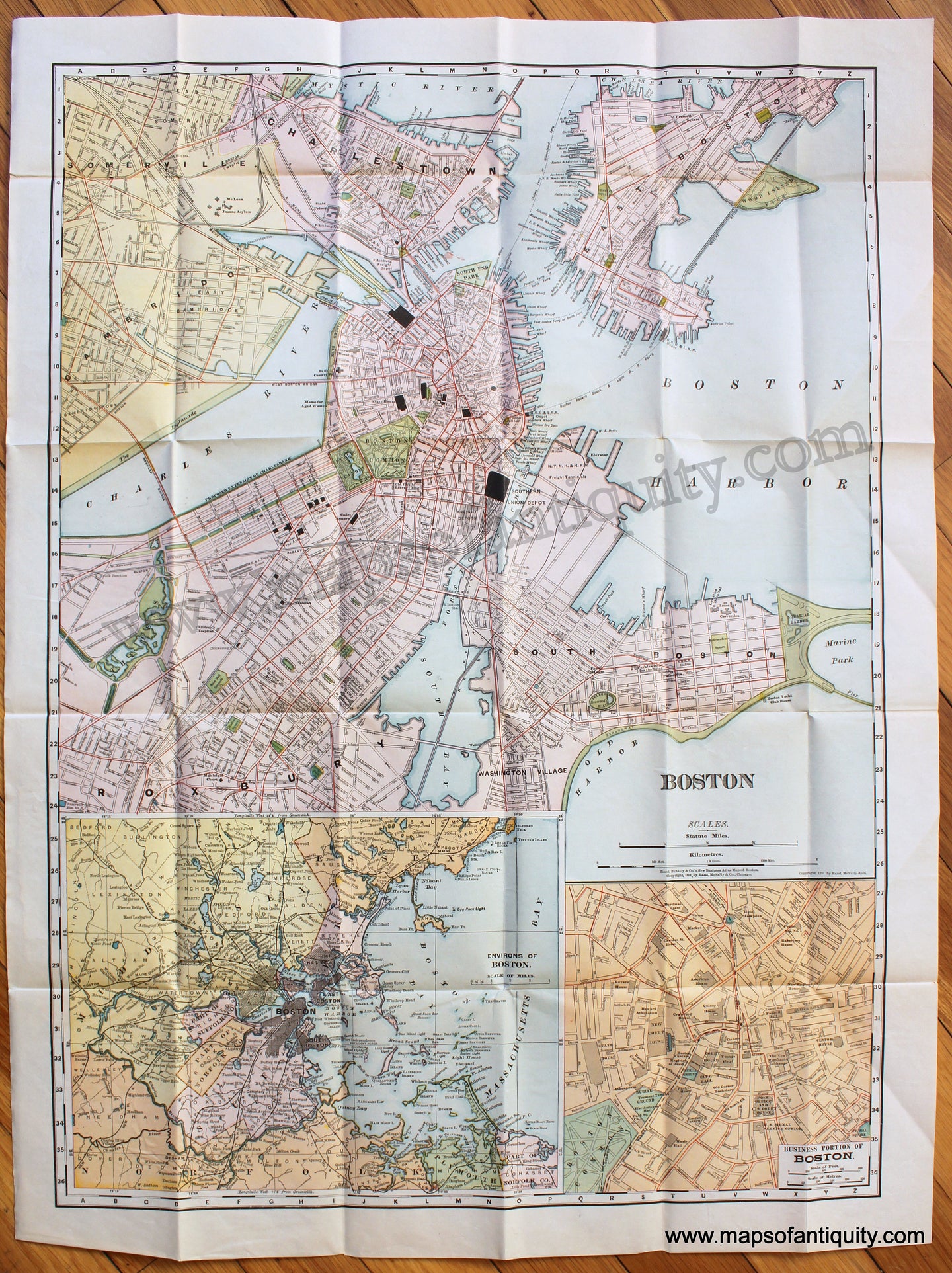 Antique-Printed-Color-Folding-City-Map-Boston-1898-Rand-McNally-Boston-Massachusetts-1800s-19th-century-Maps-of-Antiquity
