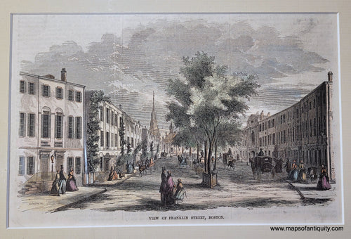 Genuine-Antique-Hand-colored-Print-View-of-Franklin-Street-Boston--1855-Ballou's-Pictorial-Maps-Of-Antiquity