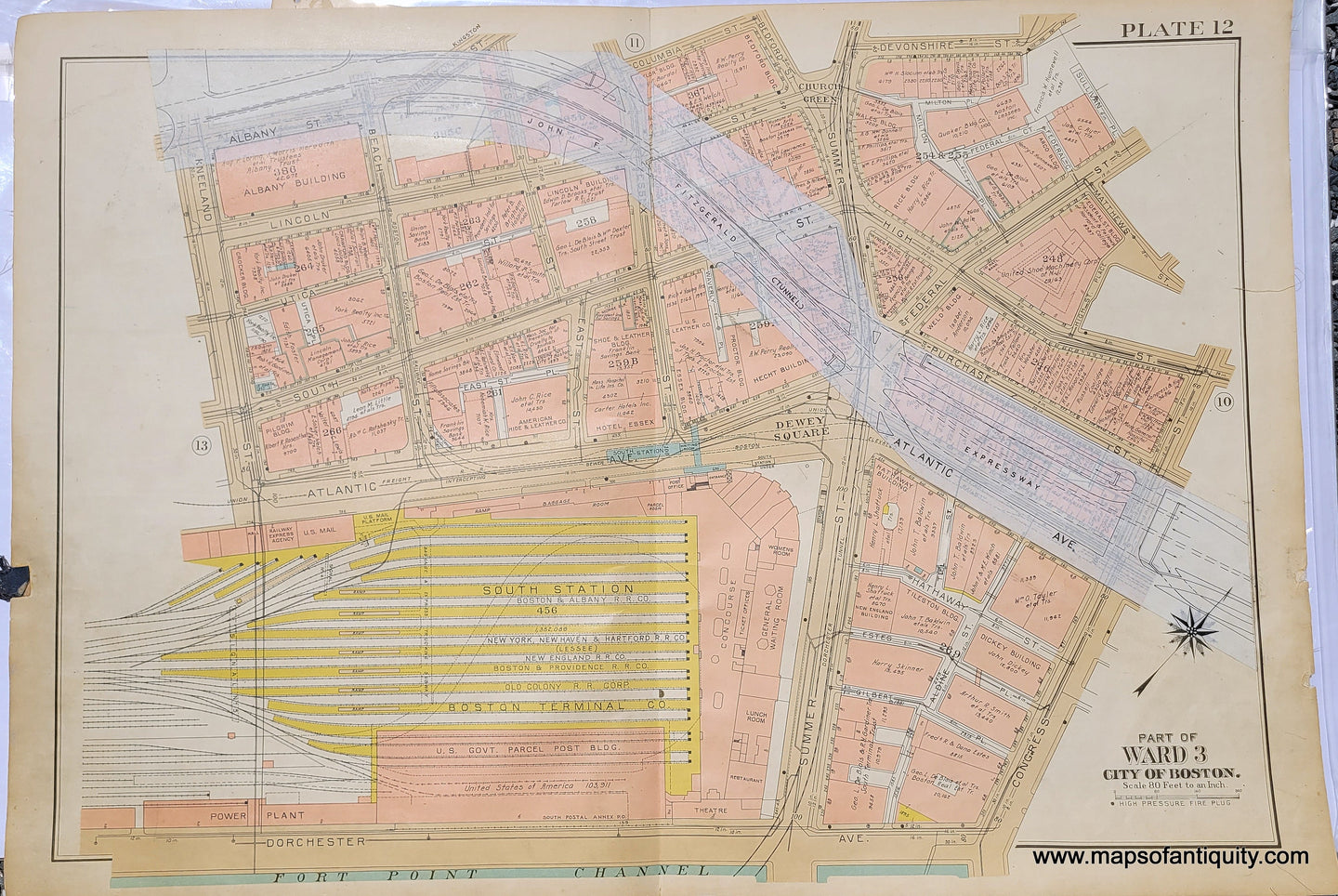 Genuine-Antique-Map-Plate-12-Part-of-Ward-3-City-of-Boston-South-Station--1938-Bromley-Maps-Of-Antiquity