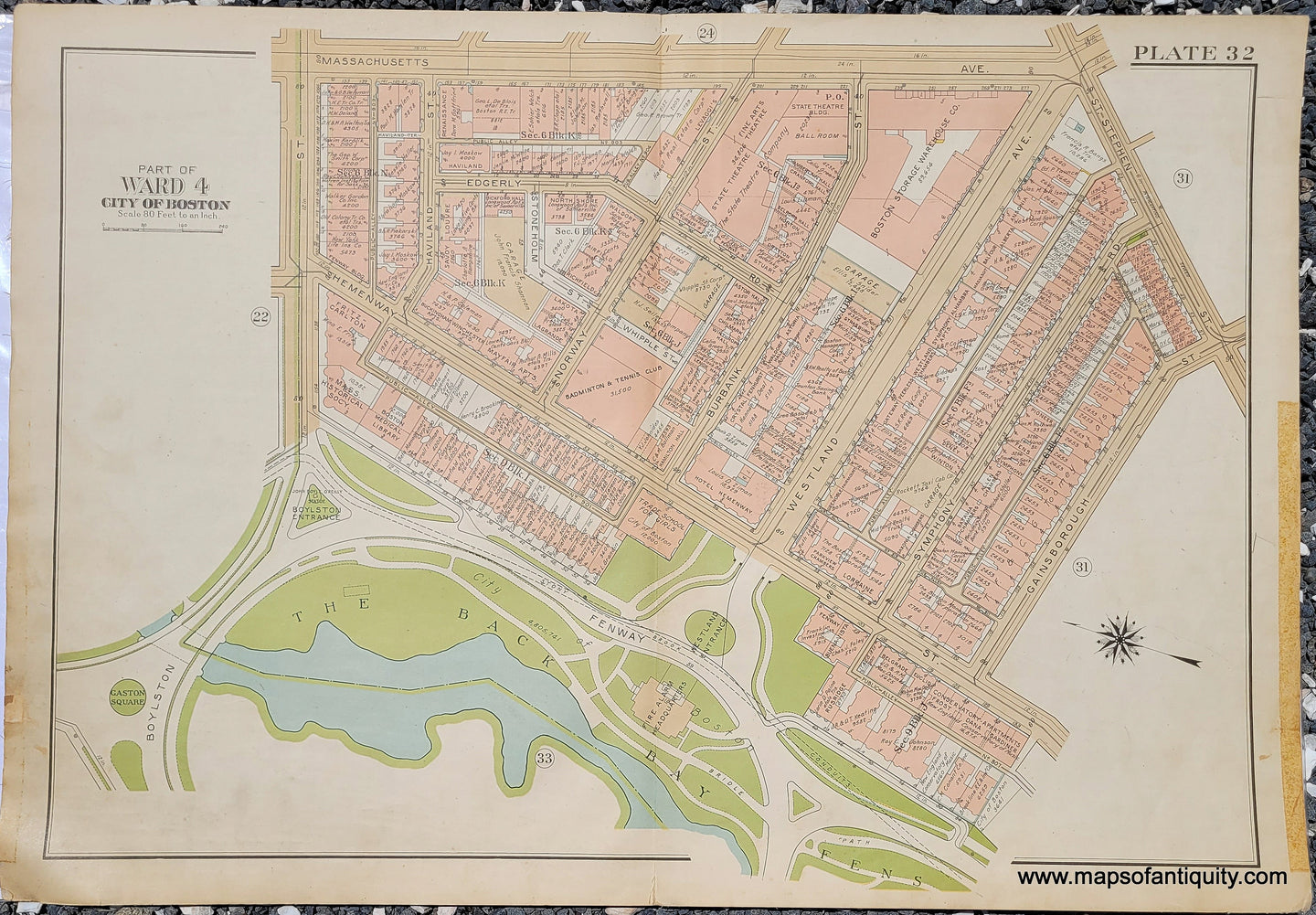 Genuine-Antique-Map-Plate-32-Part-of-Ward-4-City-of-Boston-Berklee-College-of-Music--1938-Bromley-Maps-Of-Antiquity