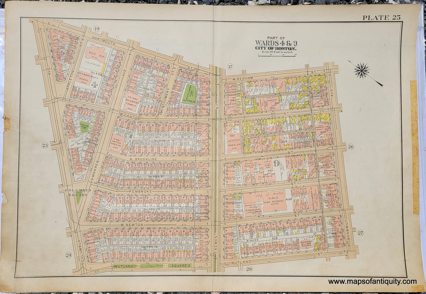 Genuine-Antique-Map-Plate-25-Part-of-Wards-4-9-City-of-Boston-Columbus-Square--1938-Bromley-Maps-Of-Antiquity